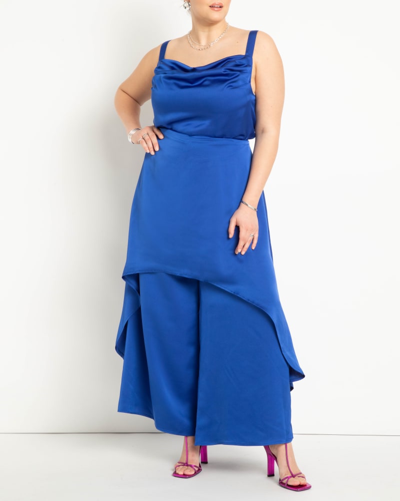 Front of a model wearing a size 20 Wide Leg Pant with Attached Overskirt in Surf The Web by ELOQUII. | dia_product_style_image_id:275246